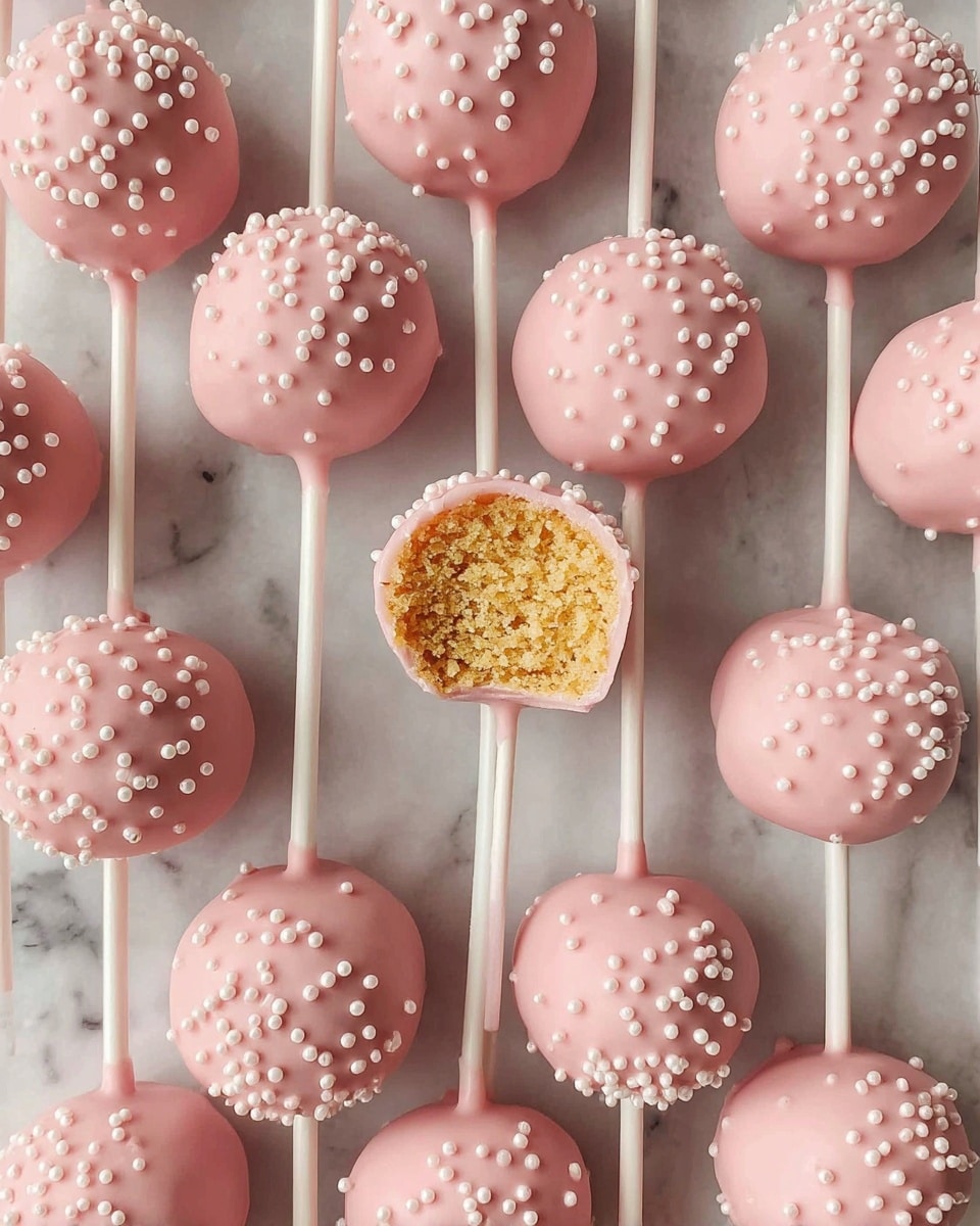The image shows a neat grid of cake pops coated in smooth pink icing dotted with small white spherical sprinkles. Each cake pop is round and attached to a white stick that runs vertically. The cake pop in the center reveals its inside with a bite taken, showing a crumbly golden-brown cake layer covered by the pink icing shell. The background is a white marbled texture, clean and simple, highlighting the pastel colors of the cake pops. photo taken with an iphone --ar 4:5 --v 7