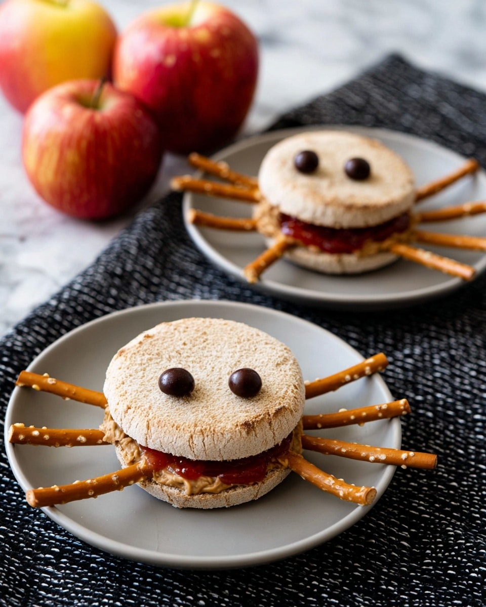 Two sandwich snacks look like spiders on white plates sitting on a white marbled surface. Each sandwich has two round, lightly toasted English muffin halves as the body. Between the halves, there is a layer of chunky peanut butter with a smooth reddish jelly spread on top. Pretzel sticks are placed on the sides to look like spider legs, six to eight of them sticking out from each sandwich. Two dark chocolate chips are placed on the top muffin half to represent eyes. In the background, there are two red and yellow apples resting on a black and white textured cloth. Photo taken with an iphone --ar 4:5 --v 7