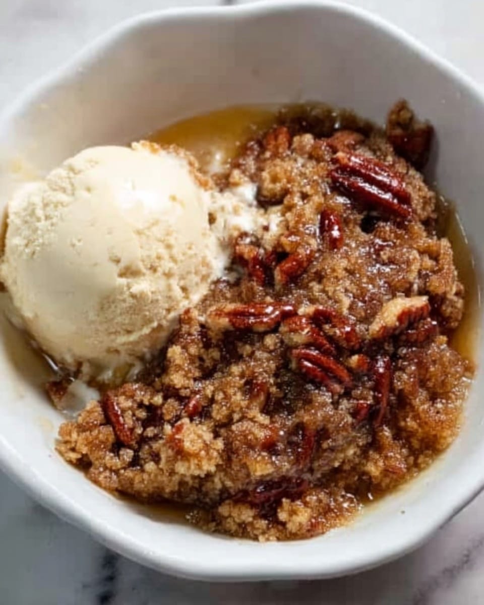 A white bowl holds a warm dessert with one large scoop of vanilla ice cream on the left side and a thick layer of brown pecan topping on the right. The pecan layer is crunchy with whole pecans and rough chunks spread evenly, soaked slightly in syrup that glistens golden. The ice cream is smooth, creamy, and slightly melting at the edges, blending gently with the syrup below. The white bowl sits on a white marbled surface. Photo taken with an iphone --ar 4:5 --v 7
