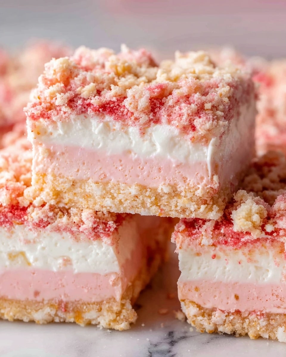 A close-up of a dessert showing three thick layers stacked inside a piece, placed on a white marbled surface. The bottom layer is dense and pink with a smooth texture, topped by a middle layer of fluffy white cream with a light and airy look. The top layer is a crumbly mix of pink and beige bits, scattered unevenly with a rough texture. There is a bite taken out of the top piece, revealing all three layers clearly. Around the dessert, a few small red fruit slices can be seen peeking into the frame. Photo taken with an iphone --ar 4:5 --v 7
