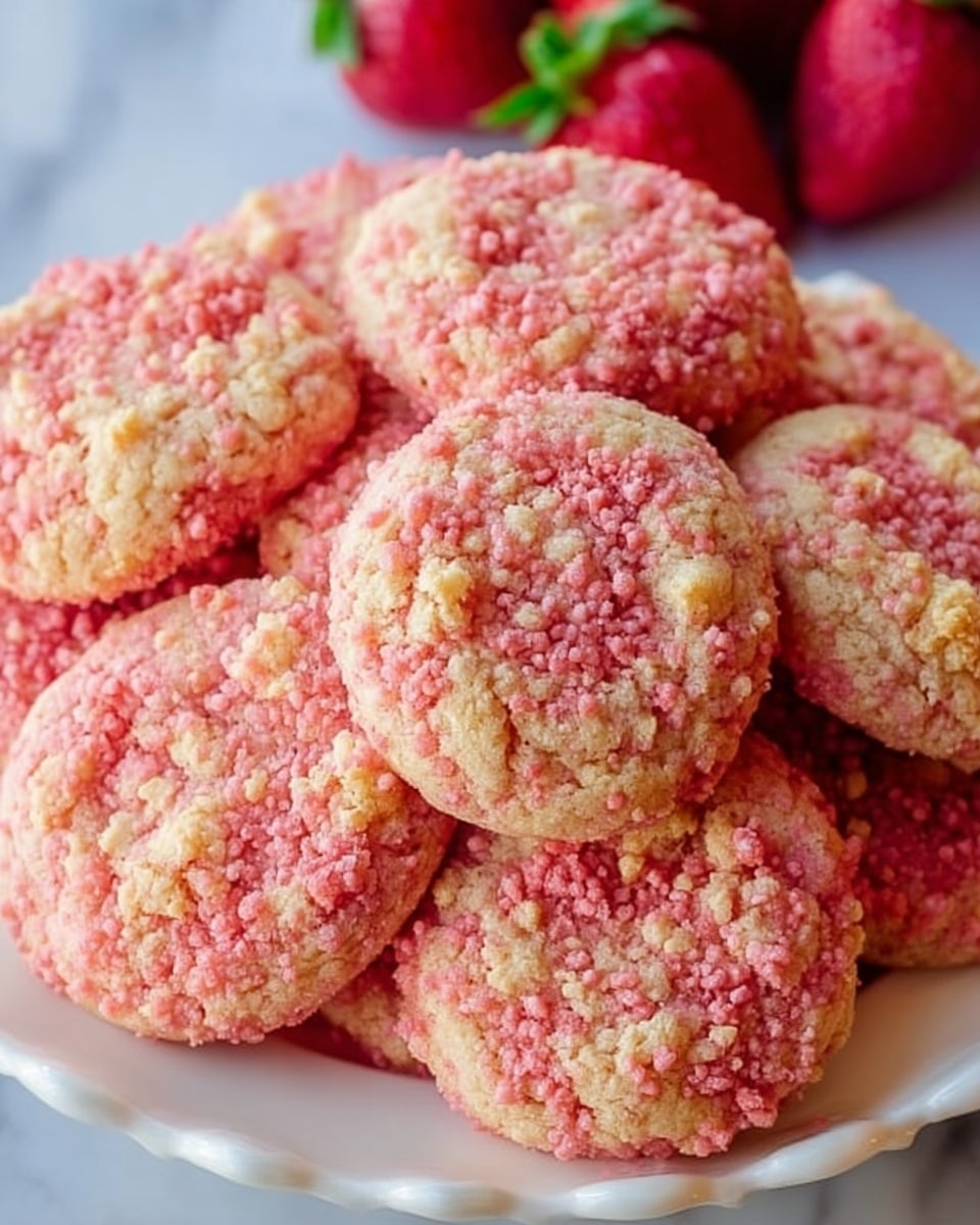 The image shows a close-up of a stack of pink crumb-topped cookies placed on a clear glass plate. Each cookie has two visible layers: a base pink cookie layer with a soft texture and a crumbly crumb topping with small pieces in light yellow and pink shades swirling over the top. The cookies have a round shape with slightly rough edges. In the background, there are fresh red strawberries with green leaves, adding a pop of bright color. The scene is set on a white marbled surface. Photo taken with an iphone --ar 4:5 --v 7