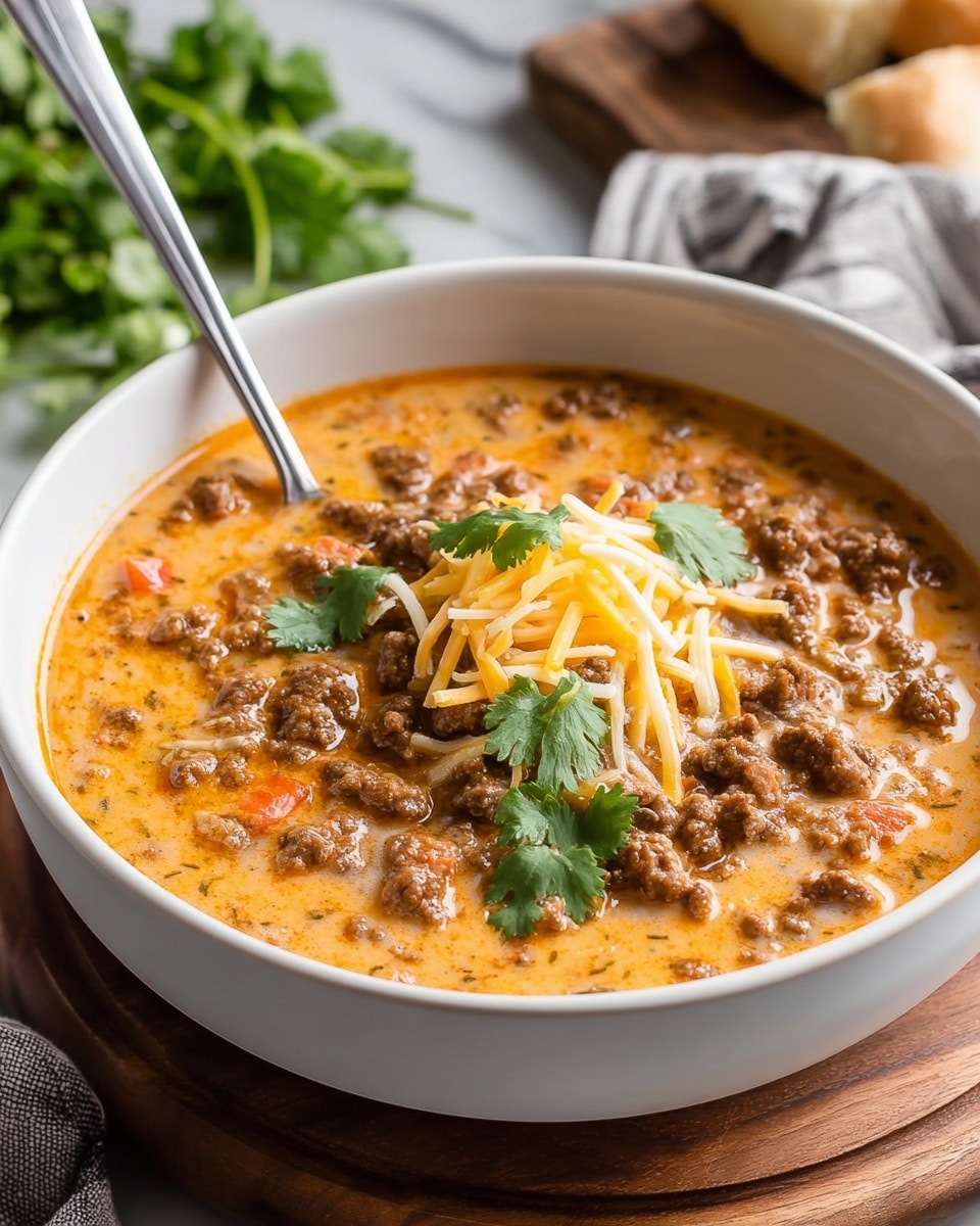 A white bowl filled with thick chili, showing two main layers: the bottom layer is chunky with brown cooked ground meat mixed with small pieces of orange carrot, all combined in a creamy orange sauce. The top layer has a small pile of shredded yellow and white cheese, resting in the center, and fresh green cilantro sprigs placed near the cheese. A metal spoon is placed inside the bowl on the left side, partially submerged in the chili. The bowl sits on a wooden board on a white marbled surface with blurred green herbs and bread in the background. photo taken with an iphone --ar 4:5 --v 7