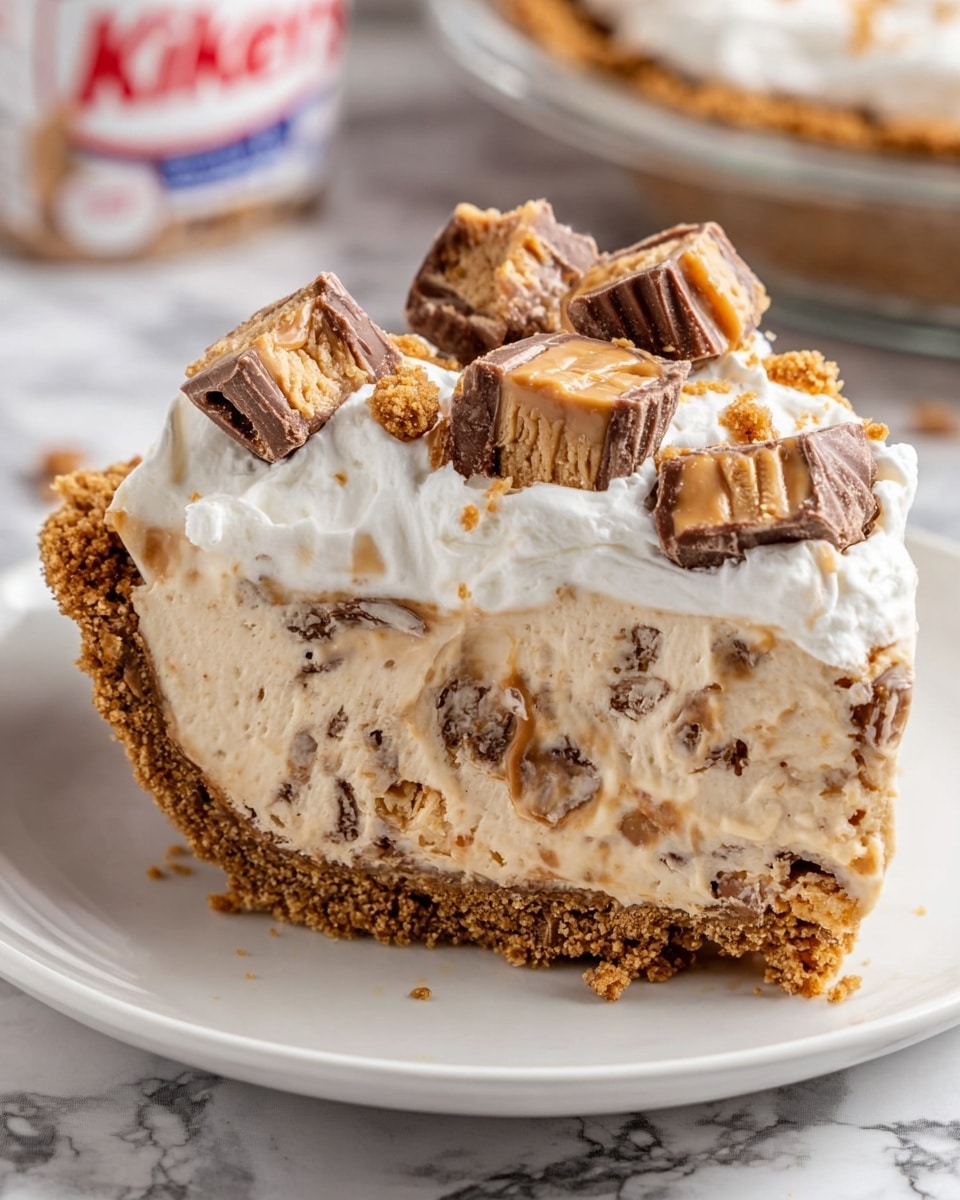 A slice of pie with three visible layers sits on a white plate against a white marbled background. The bottom layer is a thick, crumbly, golden-brown crust. The middle layer is thick and creamy with a light caramel color mixed with bits of crushed Snickers candy bars. The top layer is a fluffy, white whipped cream spread unevenly with several chunks of Snickers bars placed on top as decoration. The pie slice looks rich and indulgent with a texture mix of smooth cream and crunchy candy pieces. Photo taken with an iphone --ar 4:5 --v 7