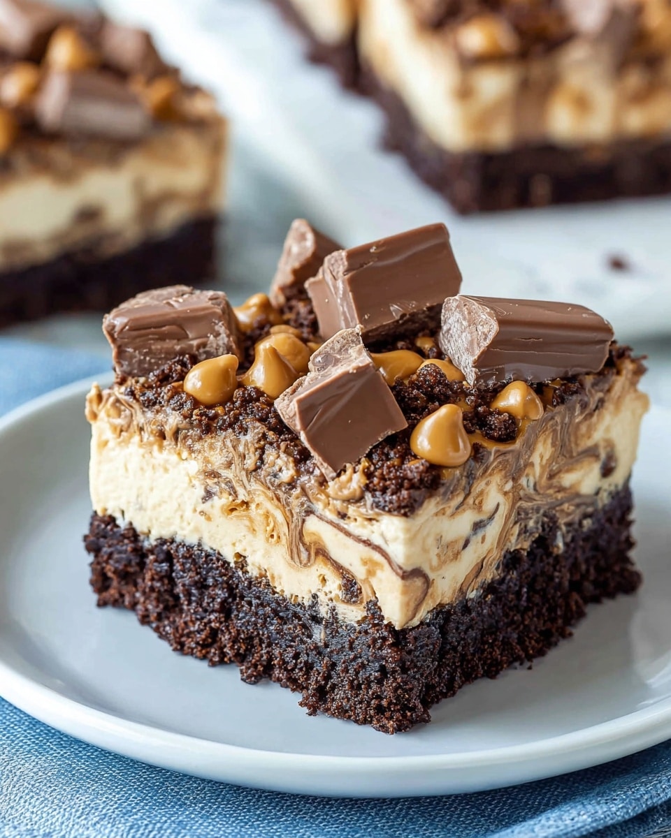 A square dessert with two clear layers sits on a white plate over a blue cloth. The bottom layer is a thick, dark brown, crumbly cake that looks moist and rich. Above it is a thick, creamy, light tan filling with visible bits of chocolate and fudge swirled inside, making a marbled effect. On top of the creamy layer, several large, cut pieces of soft milk chocolate are placed, along with small pools of caramel-colored chips adding texture and extra color contrast. The background shows more of the same dessert, slightly blurred, on a white marbled surface. Photo taken with an iphone --ar 4:5 --v 7