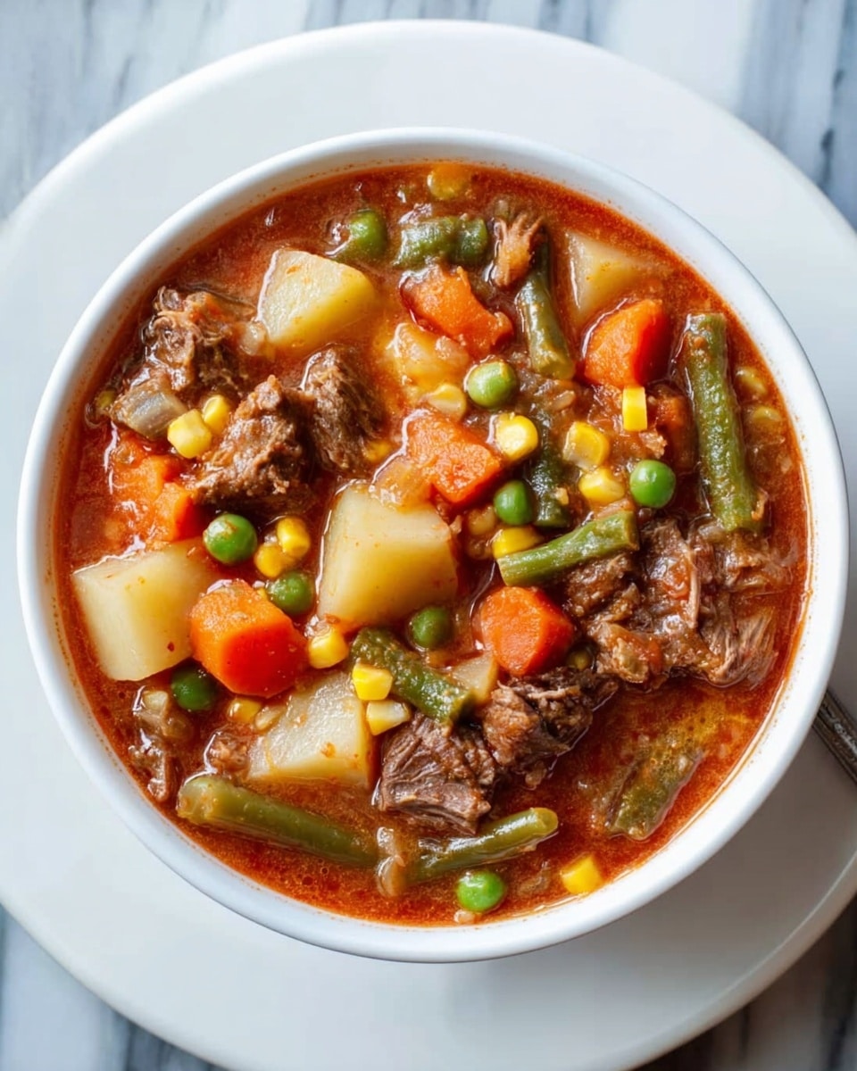 A white bowl filled with a thick beef stew sits on a white plate, all placed on a white marbled surface. The stew has several visible layers: chunks of brown beef, bright orange carrot slices, light green peas, pale yellow corn kernels, light green beans, and large pale potato pieces, all mixed in a rich reddish-brown broth. The ingredients appear soft and well-cooked, with a hearty, comforting look. Photo taken with an iphone --ar 4:5 --v 7
