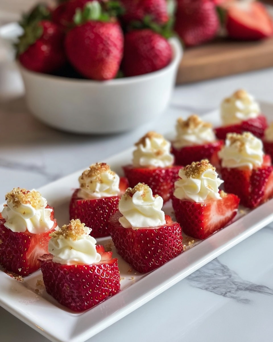 The image shows a white square plate filled with halved strawberries, each topped with a swirl of white cream and sprinkled with light brown crumbs. The strawberries have a bright red color with visible seeds and green tops removed. The cream is smooth and piped neatly onto each strawberry half, creating a small, rounded peak in the center. The plate rests on a wooden surface, and in the blurred background, there is a white bowl filled with whole strawberries with their green leaves. photo taken with an iphone --ar 4:5 --v 7