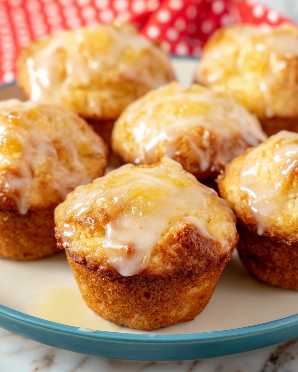 The image shows small muffins with a golden-brown base layer that looks soft and moist, topped with a thick layer of light beige creamy icing mixed with slightly translucent chunks of fruit that appear glazed. The muffins are arranged on a white plate with a subtle texture around the edge, all placed on a white marbled surface. The icing drips gently down the sides of the muffins, adding a shiny, sticky look to the top layer. photo taken with an iphone --ar 4:5 --v 7