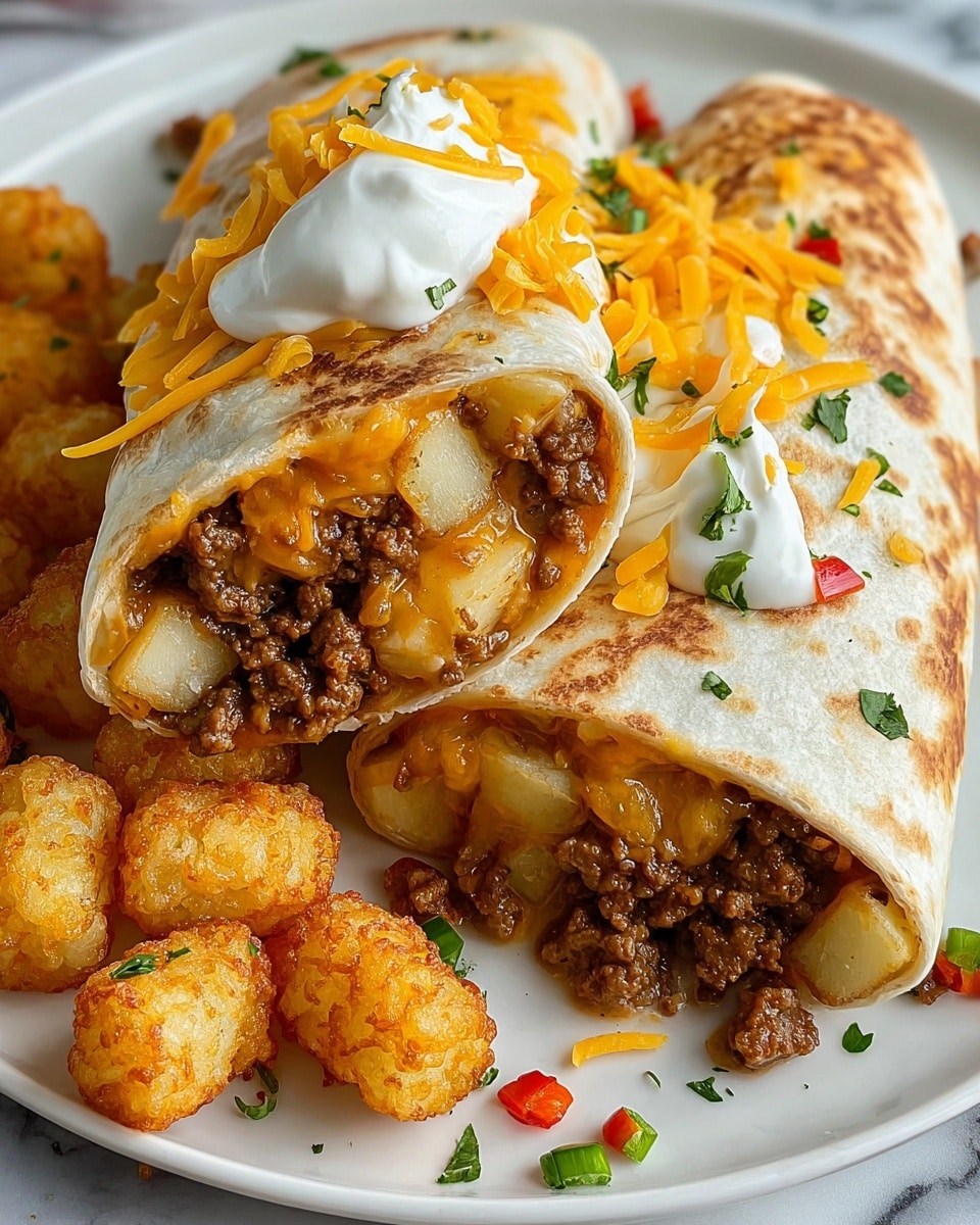 A close-up view of a white plate with two soft, lightly charred tortillas wrapped into burritos, cut in half to show the inside layers, which include seasoned ground meat in brown, melted yellow and white cheese, and small chunks of light yellow potatoes. The burrito on top is open-faced, resting on a dollop of white sour cream, with thin shredded orange cheddar cheese and chopped green herbs sprinkled on top and around the plate. Golden, crispy tater tots are placed beside the burritos on the white plate, with small pieces of chopped green and red peppers scattered around. The background is a white marbled texture. Photo taken with an iphone --ar 4:5 --v 7