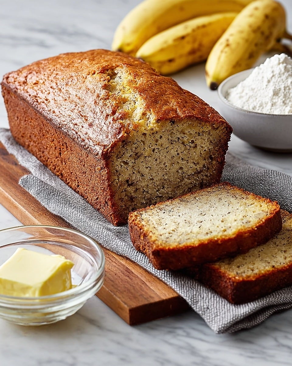 A loaf of banana bread with a golden brown crust is placed on a wooden cutting board on top of a gray cloth. Two slices of the bread are cut and laid in front, showing a light yellow interior with small dark specks throughout. To the left is a small clear glass bowl with a pale yellow butter pat inside. In the background on the right, a white bowl filled with white flour sits next to two ripe yellow bananas with brown spots. The whole scene is set on a white marbled surface. Photo taken with an iphone --ar 4:5 --v 7