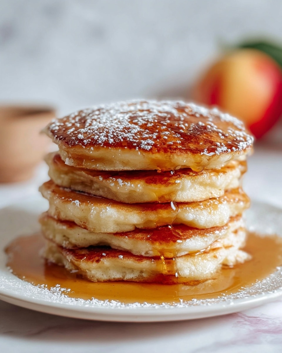 A stack of five thick, golden-brown pancakes is shown close-up on a white plate, each pancake fluffy with a lightly crisp edge and small air pockets. The pancakes are layered one on top of the other, with warm syrup dripping down from the top pancake, creating shiny amber streams that pool onto the plate. Light dusting of powdered sugar and cinnamon covers the plate and pancakes, adding a soft white contrast to the warm colors. The background shows a blurred red apple and some green leaves on a white marbled texture. Photo taken with an iphone --ar 4:5 --v 7