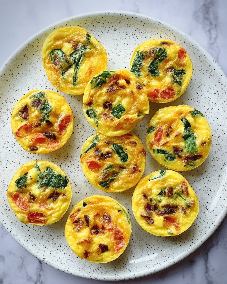 A white plate on a white marbled surface holds ten small, round egg muffins arranged closely. Each muffin has a bright yellow egg base with visible layers of melted cheese, small red tomato chunks, green spinach leaves, and browned bits of cooked bacon or sausage, creating a colorful and textured look. The muffins appear soft and slightly glossy, with some showing toasted edges. Photo taken with an iphone --ar 4:5 --v 7
