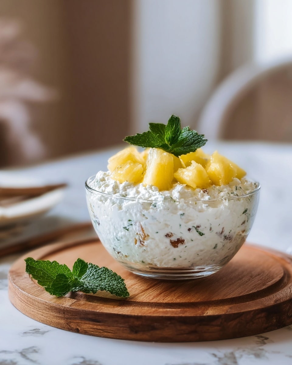 The image shows a clear glass bowl placed on a round wooden board, filled with a thick white cottage cheese layer mixed with small green herbs and some brown bits near the bottom. On top, there is a layer of yellow pineapple chunks arranged in a ring, crowned by a fresh green mint leaf in the center. In the foreground, a few mint leaves rest on the wooden board. The background is blurred with soft, neutral colors and a white marbled surface underneath. Photo taken with an iphone --ar 4:5 --v 7