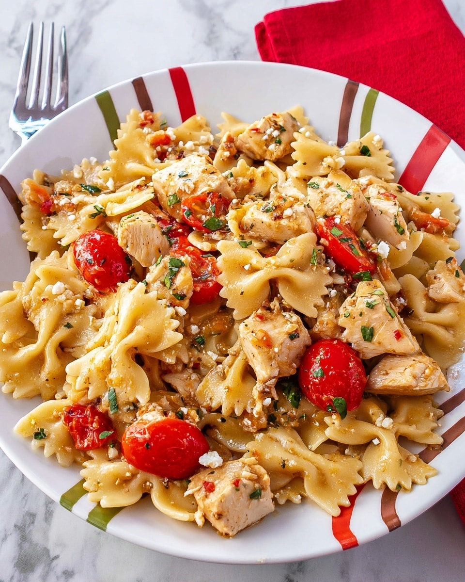 A white plate with red, green, and brown curved lines holds a dish of bowtie pasta mixed with chunks of light brown cooked chicken, bright red cherry tomato halves, and small white crumbles of cheese. The pasta is lightly coated in a glossy sauce with flecks of green herbs scattered throughout. The textures are varied with the soft pasta, tender chicken pieces, juicy tomato, and crumbly cheese, all placed on a white marbled surface with a red cloth napkin to the right. photo taken with an iphone --ar 4:5 --v 7