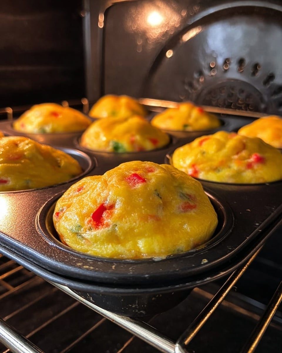 A close-up view of six egg muffins baking in a black metal muffin tray inside an oven, each muffin puffed up with a shiny yellow top layer that looks soft and cooked, with small bits of red and green vegetables visible throughout their smooth, rounded surface; the oven’s metal racks and dark interior form the background, contrasting with the bright muffins that fill each round cup. Photo taken with an iphone --ar 4:5 --v 7