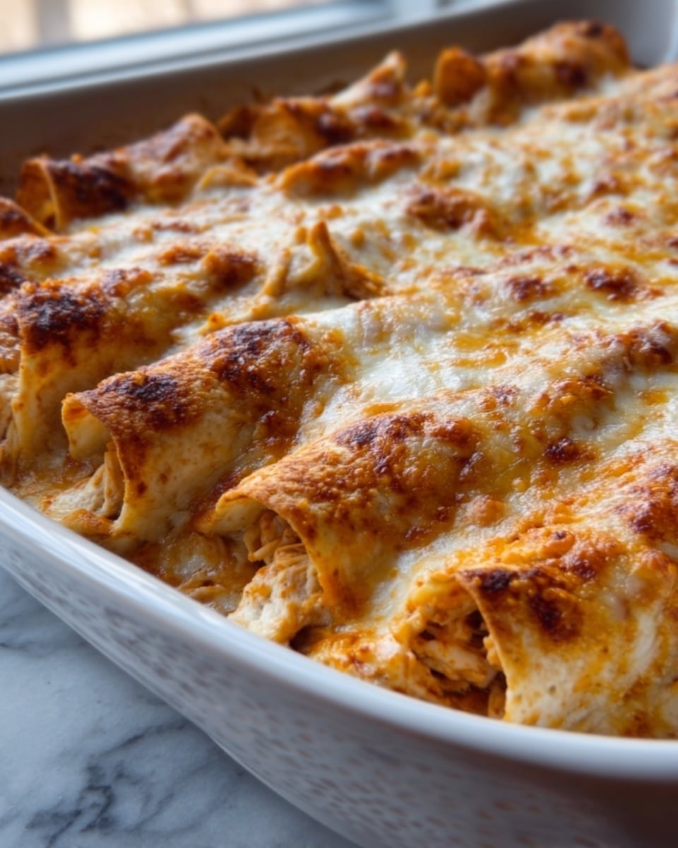 The image shows a close-up of a white dish filled with rolled enchiladas arranged tightly side by side. Each enchilada has a golden-brown baked tortilla layer with visible melted cheese on top, creating a bubbly and slightly crispy texture. Inside, the filling looks shredded and moist, with light brown and orange tones suggesting seasoned meat or chicken. The dish has an inviting, warm look with cheese dripping over the edges of the tortillas. The background features a white marbled surface with soft natural light coming from a window. Photo taken with an iphone --ar 4:5 --v 7