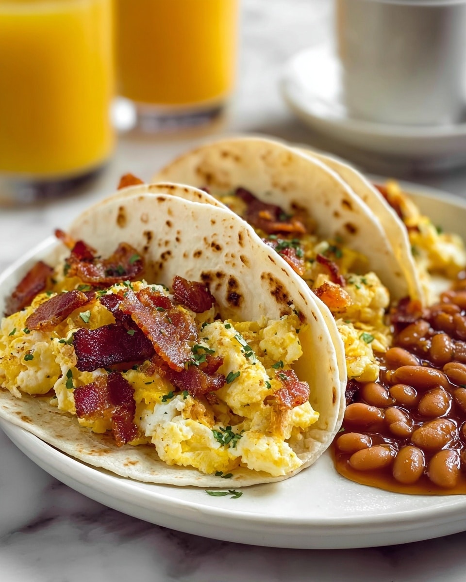 The image shows two breakfast tacos on a white plate, each taco filled with three visible layers: the bottom layer is a soft, slightly toasted flour tortilla with light brown spots, the middle layer is fluffy, bright yellow scrambled eggs mixed with white egg whites, and the top layer is crispy, dark reddish-brown bacon pieces sprinkled with green herbs. To the side on the plate are shiny, reddish-brown baked beans in sauce. The plate is set on a white marbled surface, with blurred background elements including a glass of orange juice and a white cup. Photo taken with an iphone --ar 4:5 --v 7