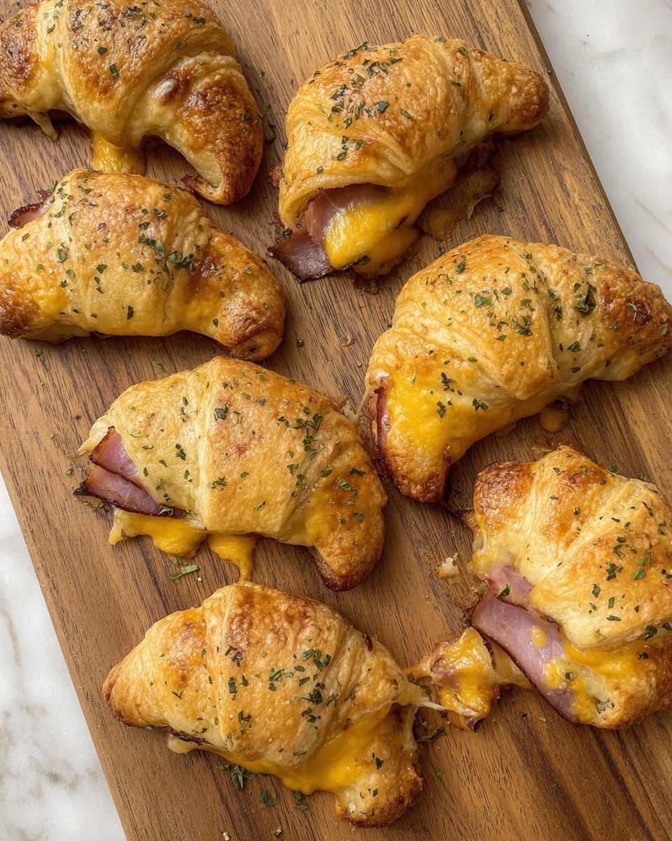 A wooden board holds seven golden-brown crescent rolls, each topped with scattered green herbs. The rolls have a slightly crispy texture and are stuffed with melted yellow cheese and slices of pinkish-brown ham that peek out from where the dough folds. Some cheese is melted and oozing out from the edges, adding a gooey detail. The wooden board contrasts with the warm colors of the rolls, making them look fresh and baked to perfection. The background is a white marbled texture. photo taken with an iphone --ar 4:5 --v 7