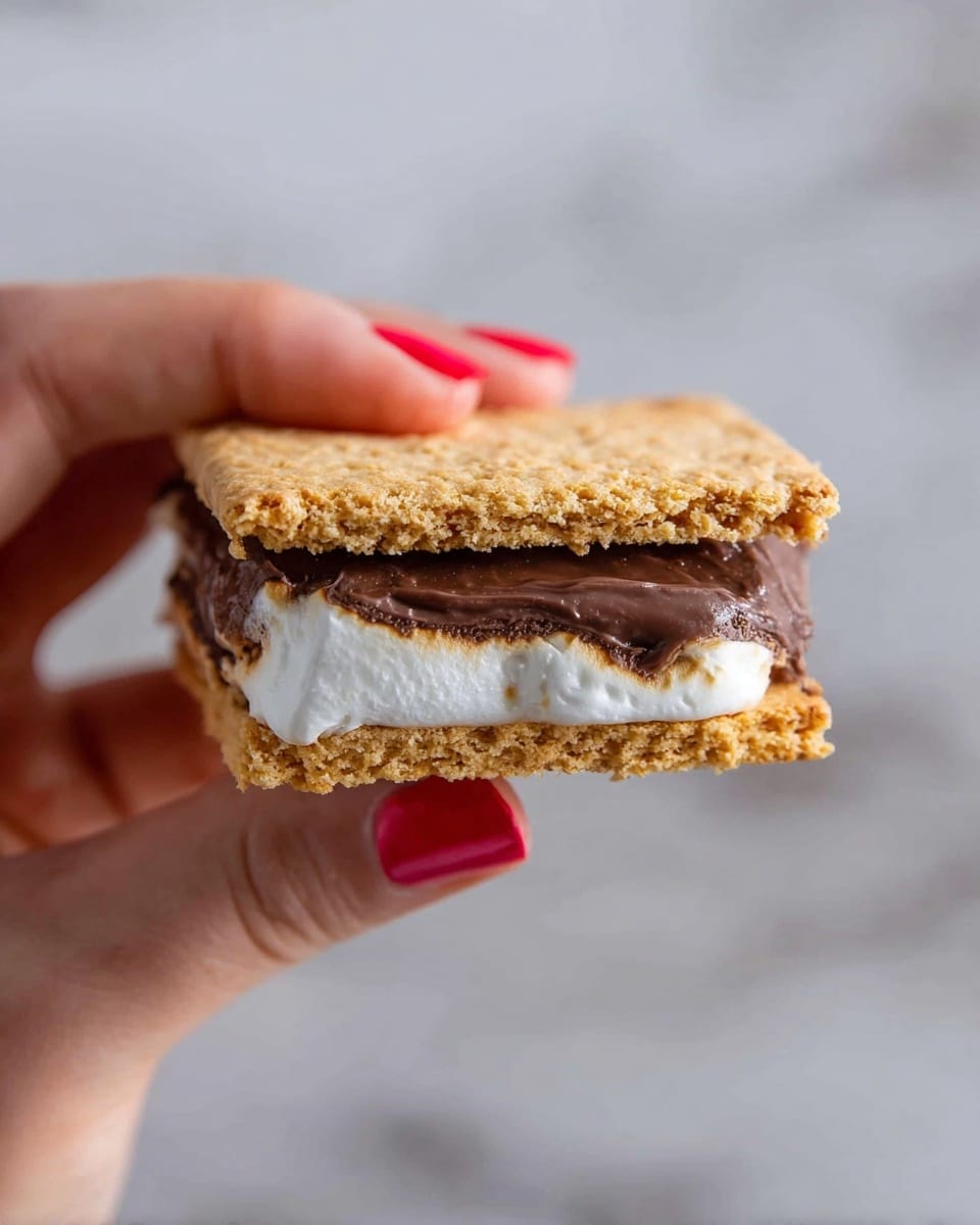 A close-up of a woman's hand with red-painted nails holding a s'more treat. The s'more has three layers: a top golden-brown crispy graham cracker with a rough texture, a middle smooth dark brown melted chocolate layer, and a white fluffy marshmallow layer just above the chocolate. The bottom layer is another golden-brown crispy graham cracker. The background features a white marbled texture. photo taken with an iphone --ar 4:5 --v 7