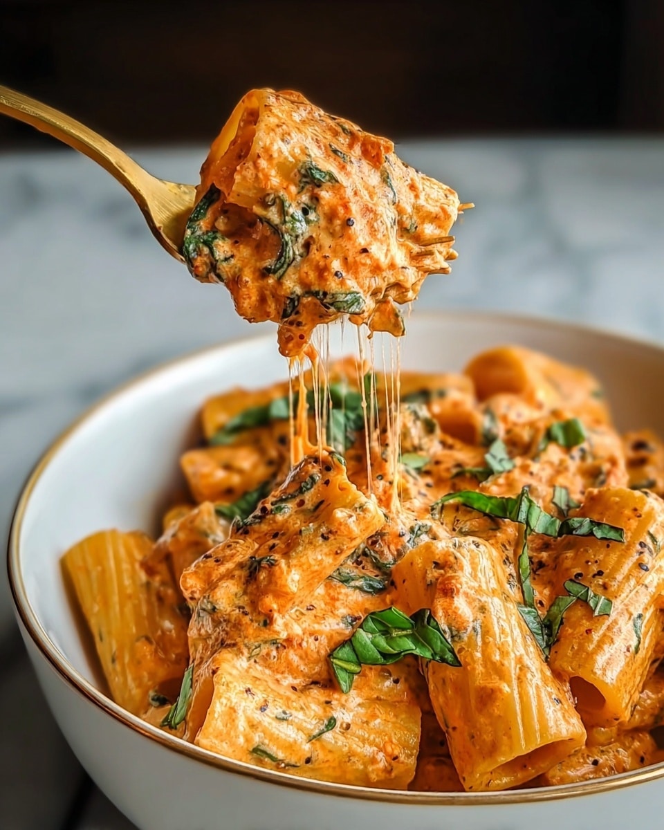 The image shows a close-up of rigatoni pasta covered in a thick, creamy orange sauce with visible green herbs mixed throughout. The pasta pieces are tube-shaped, ridged, and coated evenly with the sauce that has a smooth, slightly chunky texture with specks of black seasoning and bits of spinach or basil. Fresh green leaves are sprinkled on top of the pasta, adding a touch of color contrast. A fork lifts a bite of pasta from the bowl, with strings of melted cheese stretching from the fork to the dish. The dish is served in a white bowl with a subtle gold rim, set against a white marbled surface. photo taken with an iphone --ar 4:5 --v 7