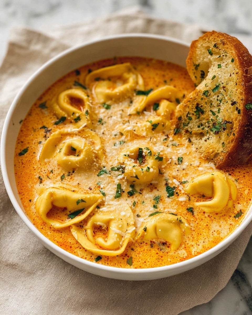 A white bowl filled with a creamy orange soup that has a slightly thick texture. Inside the soup are several yellow tortellini pasta pieces, each having a smooth surface and filled centers. The soup's surface is sprinkled with chopped green herbs and grated cheese that add texture and color contrast. A piece of toasted bread with a golden-brown crust and specks of green herbs rests on the edge of the bowl. The bowl is placed on a white marbled surface with a light beige cloth underneath. Photo taken with an iphone --ar 4:5 --v 7