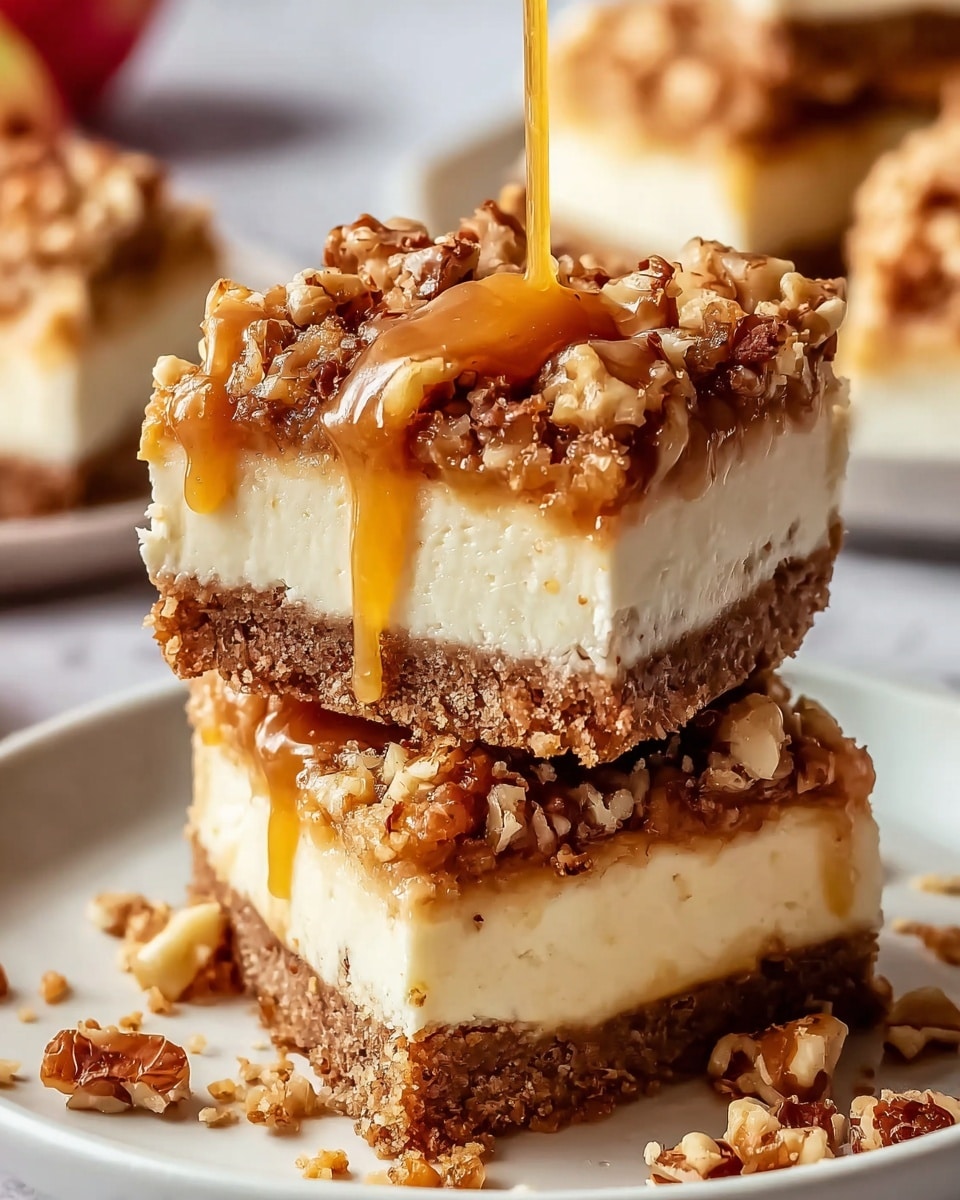 The image shows two square pieces of dessert stacked on a white plate with a white marbled texture surface. Each piece has three layers: a crumbly brown base, a thick creamy white middle, and a top layer of small chopped nuts with crumbly bits in brown and beige colors. Both pieces are covered with a thick, shiny caramel sauce dripping over the sides. In the background, there are blurred similar dessert squares. Photo taken with an iphone --ar 4:5 --v 7