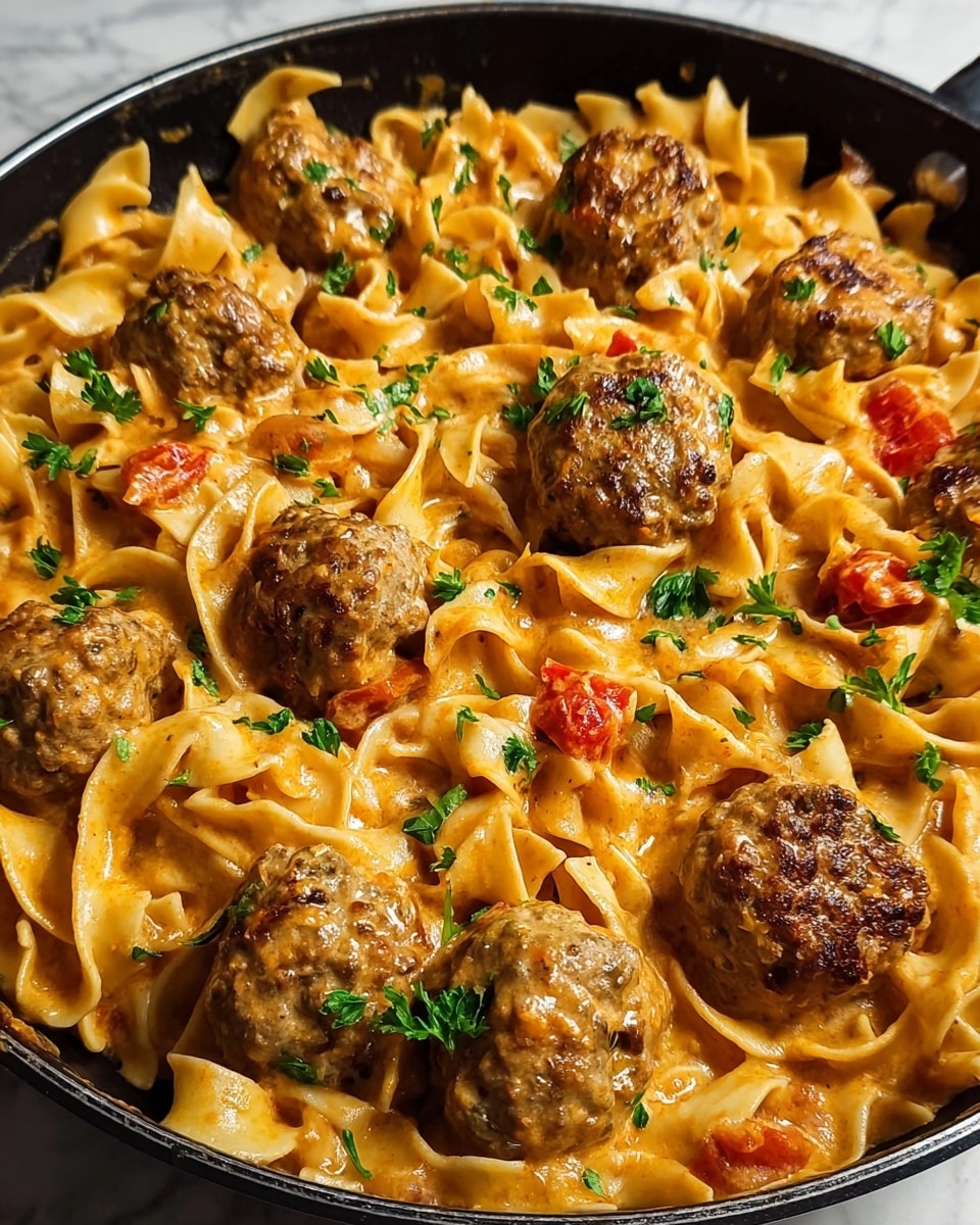 A close-up view of a black pan filled with creamy pasta and meatballs. The dish has three main layers: at the base is a thick layer of ribbon-shaped pasta, light orange in color from a rich sauce with smooth texture. Scattered evenly on top are round, browned meatballs with a slightly crispy outside and moist inside. Small green parsley leaves are sprinkled on top adding color contrast, and tiny pieces of red tomato are seen mixed in the pasta sauce. The pan is set against a white marbled background. photo taken with an iphone --ar 4:5 --v 7