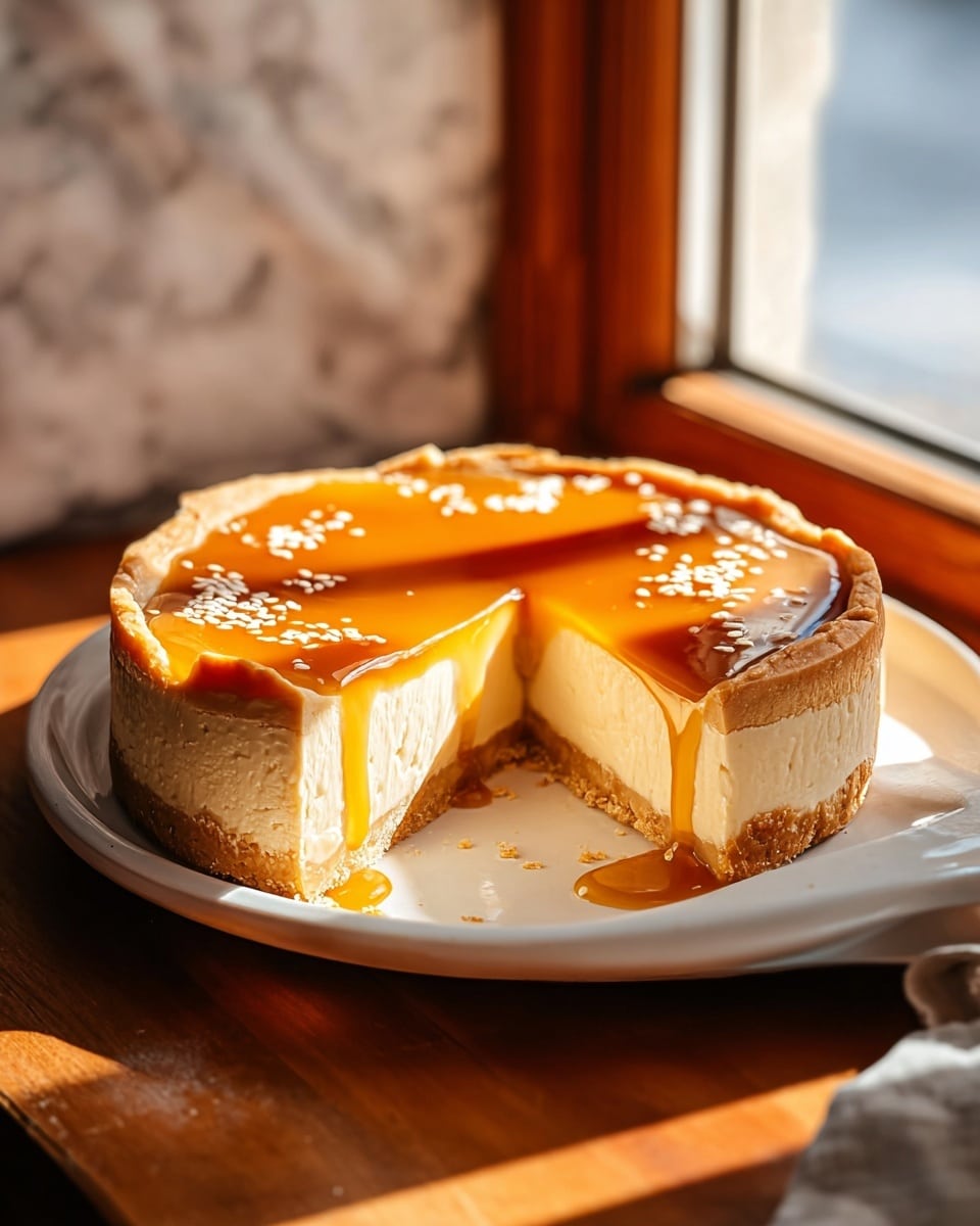 The image shows a creamy pie with three layers: a thin, golden-brown crust at the bottom and around the edge, a thick, smooth, pale beige filling in the middle, and a shiny amber glaze on top that drips down the side of a single cut slice. White sesame seeds are scattered on the glaze. The pie is on a white plate placed on a wooden surface by a window letting warm light fall on the pie. The background has a white marbled texture. photo taken with an iphone --ar 4:5 --v 7