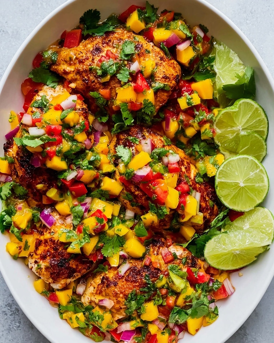 A white bowl filled with four browned chicken pieces layered with colorful diced mango, red onion, tomato, and green herbs all mixed with a red sauce. The dish is garnished with fresh cilantro leaves scattered on the chicken and sauce. On the right side inside the bowl, several lime wedges are placed on a white marbled surface background. The overall look is bright and fresh with vibrant colors from the ingredients. photo taken with an iphone --ar 4:5 --v 7
