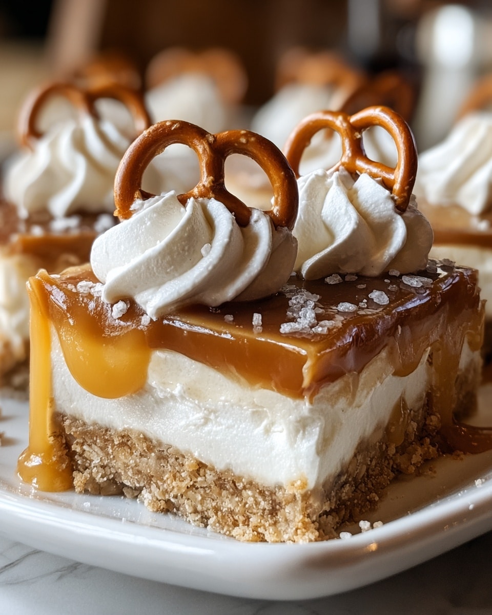 A close-up of a dessert bar on a white plate with three visible layers: the bottom layer is a crumbly beige crust, the middle layer is thick and creamy white filling, and the top layer is shiny, golden caramel sauce dripping slightly down the sides. On top of that, there are swirls of white whipped cream, each topped with a small light brown pretzel sprinkled with coarse salt. The setting has a soft, warm light with a blurred background, all placed on a white marbled texture surface. photo taken with an iphone --ar 4:5 --v 7