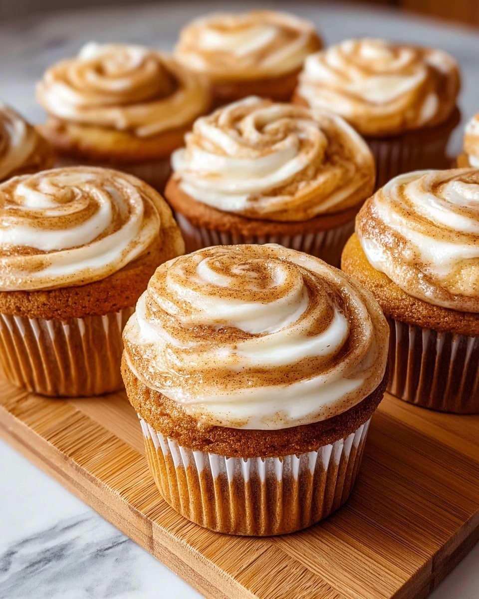 The image shows seven cinnamon swirl cupcakes arranged on a wooden board, each with a golden brown base and a white paper liner. Each cupcake has one layer of thick, swirled frosting with a creamy white color mixed with light brown cinnamon streaks, giving a textured, spiral effect on top. The cupcakes are placed close to each other with a white marbled surface underneath the wooden board. photo taken with an iphone --ar 4:5 --v 7