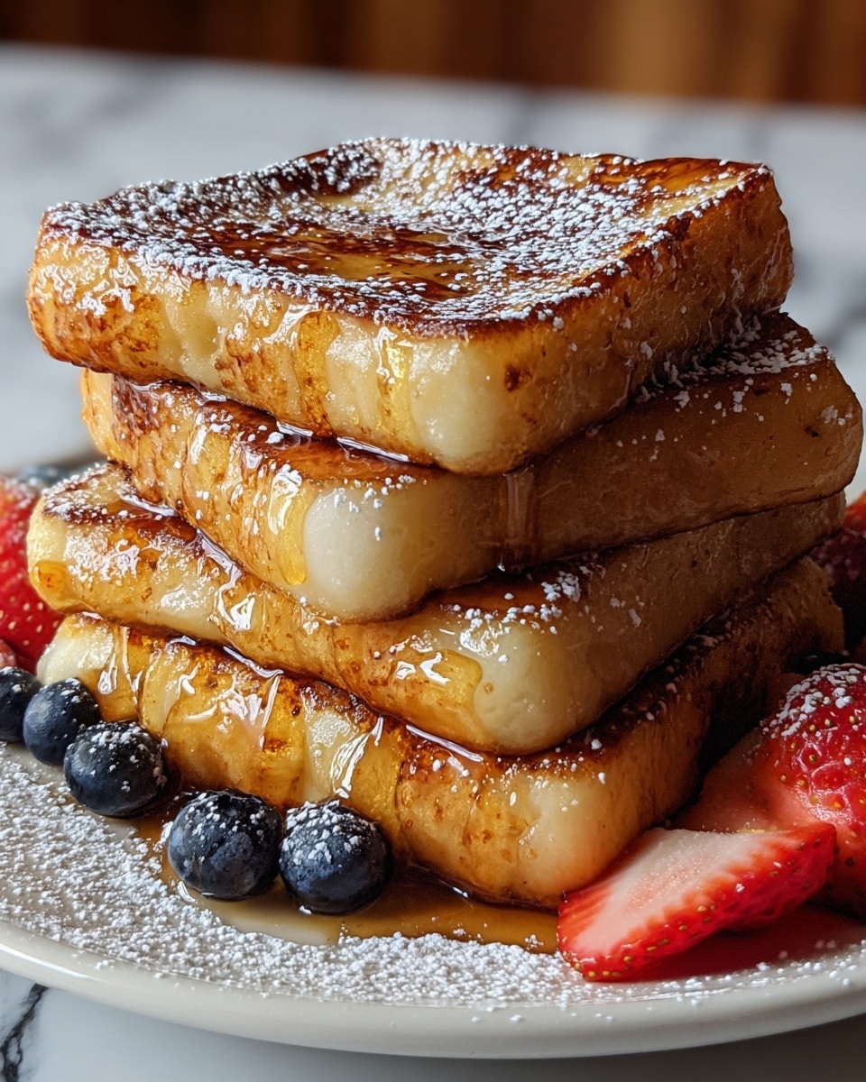 A stack of four thick, golden-brown French toast slices sits closely on a white plate, each slice evenly browned with a slightly crispy texture on the edges, while the inside looks soft and smooth. The top layer is dusted with a light sprinkling of powdered sugar and shiny syrup drips down the sides of the toast, pooling slightly at the bottom. To the side of the plate, there are fresh strawberries and blueberries adding pops of red and dark blue color, contrasting with the warm tones of the toast. The whole dish is set against a white marbled surface. photo taken with an iphone --ar 4:5 --v 7
