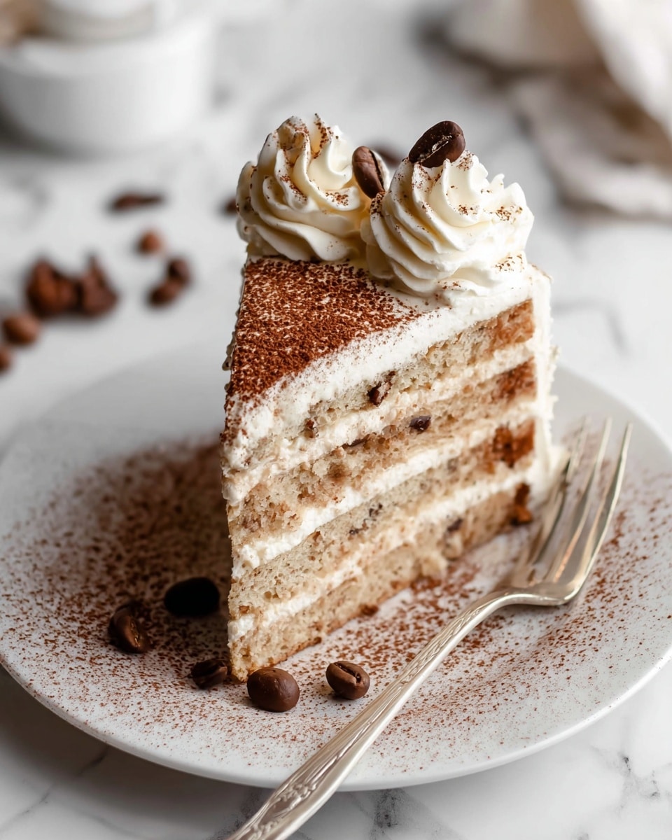 A slice of layered cake with three visible layers of light brown sponge separated by creamy white frosting with small specks of darker color. The top layer is covered with a thick layer of white cream dusted with cocoa powder. Two swirls of whipped cream sit on top, with light cocoa powder sprinkled on them, along with a few small coffee beans as decoration. The cake slice is placed on a white plate with cocoa powder sprinkled around it, along with some small chocolate pieces and chocolate-covered coffee beans scattered nearby. A silver fork rests on the right side of the plate, with the whole setup on a white marbled surface. Photo taken with an iphone --ar 4:5 --v 7