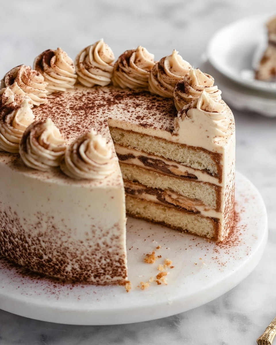 A three-layer cake sits on a white plate with a white marbled texture underneath. Each layer of the cake alternates between light tan, slightly speckled sponge and creamy beige filling. The sides and top of the cake are covered in smooth, light beige frosting with piped swirls evenly spaced around the top edge. Cocoa powder is lightly dusted over the top and the swirls, adding a soft brown contrast. A slice is removed, showing the neat layers and some cake crumbs scattered on the plate. Photo taken with an iphone --ar 4:5 --v 7