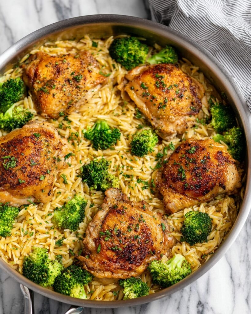 Skillet Chicken Thighs with Broccoli Cheddar Orzo Recipe