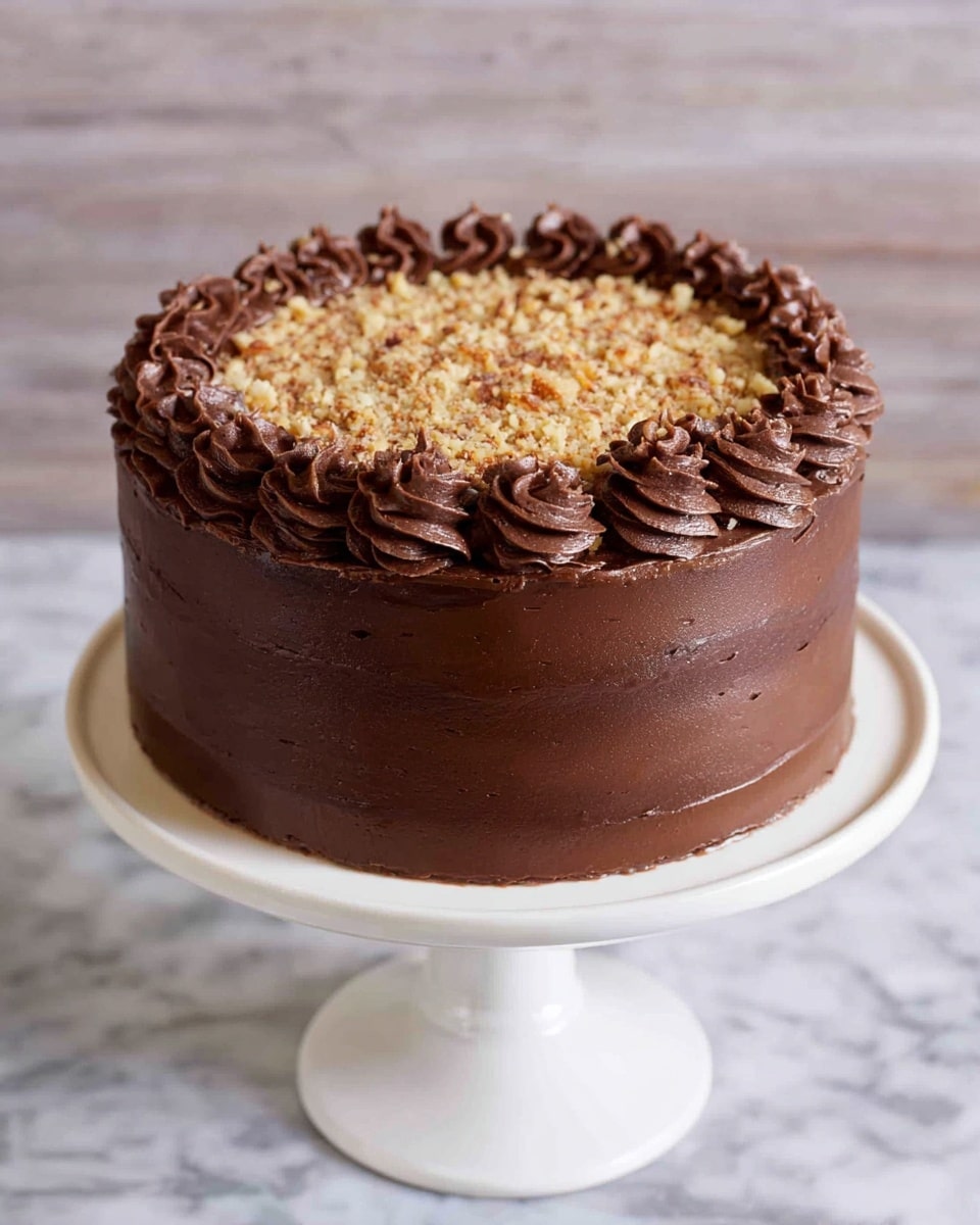 A slice of chocolate cake is shown on a white plate on a white marbled surface, with a two-layered structure. The bottom and top layers are dark brown, moist chocolate cake with a soft, crumbly texture. Between these is a thick middle filling of light brown coconut and nut mixture with a shiny, sticky appearance. The sides and top edge are frosted with a smooth chocolate icing that forms a small piped swirl on the right side. Photo taken with an iphone --ar 4:5 --v 7