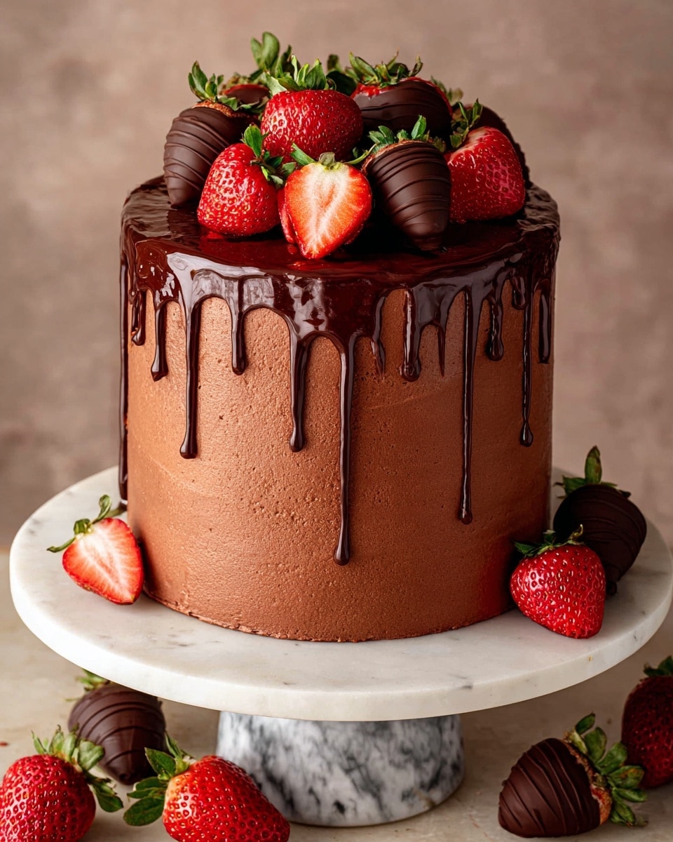 A tall, round chocolate cake with a smooth, rich brown frosting covers three visible layers, standing on a white marbled cake stand. Dark, glossy chocolate ganache drips down the sides unevenly from the top, creating a shiny texture contrast. The cake’s top is decorated with an arrangement of fresh strawberries, some whole and some sliced, showing bright red color and juicy texture, along with a few chocolate-covered strawberries adding a deep dark brown element. More strawberries sit around the base of the cake on the white marbled surface, adding extra brightness to the scene. photo taken with an iphone --ar 4:5 --v 7