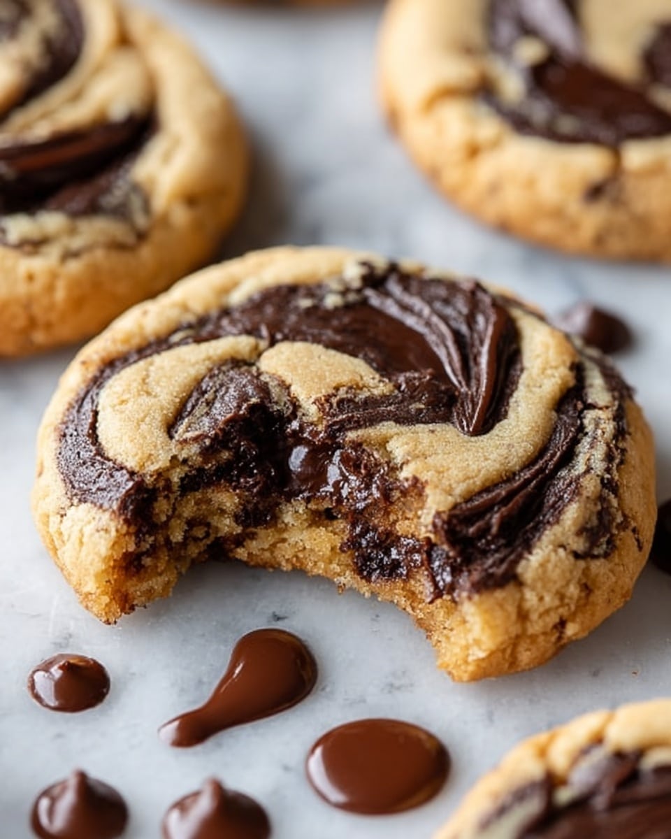 The image shows a close-up view of a thick cookie with two clear layers: a light golden brown outer cookie layer that looks soft and slightly crumbly, formed into a round shape, and a dark rich chocolate swirl layer spread on top in a marbled pattern with smooth texture. The cookie has a bite taken out, revealing a moist, dense chocolate center that contrasts with the lighter outer layer. Around the cookie are a few glossy chocolate drops scattered on a white marbled surface. In the background, more cookies with the same swirl pattern are slightly out of focus. Photo taken with an iphone --ar 4:5 --v 7