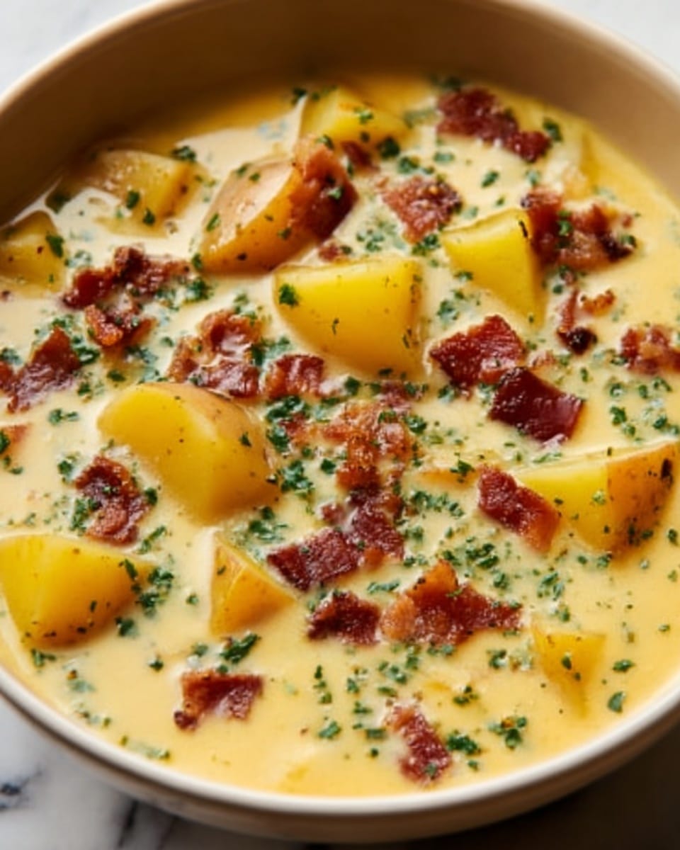 The image shows a creamy soup with several chunks of yellow potatoes scattered throughout. Small pieces of crispy bacon are spread evenly over the top, adding a rich reddish-brown contrast to the pale yellow soup. Finely chopped green herbs are sprinkled across the surface, giving a fresh and vibrant look. The soup is thick with a smooth texture, filling the frame closely. The background is a white marbled texture. Photo taken with an iphone --ar 4:5 --v 7