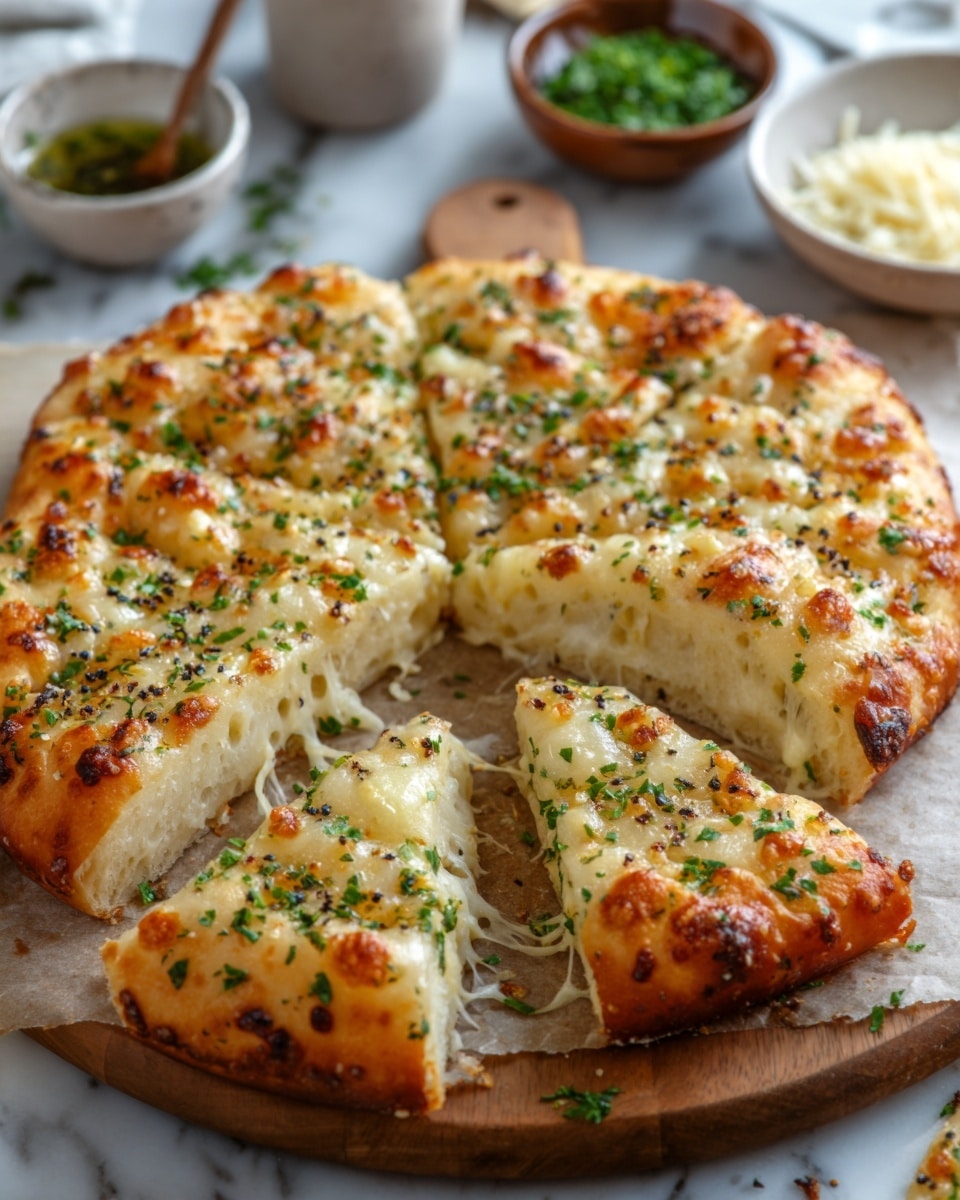 The image shows a round focaccia bread with a golden brown crust resting on a wooden board on a white marbled surface. The focaccia is thick with four pieces separated by visible cuts, revealing a soft, airy interior with a white texture. The top is decorated with chopped green herbs and coarse salt sprinkled evenly, adding a fresh green and white contrast. Some small brown roasted bits are scattered on top, giving a textured, crispy look. In the background, there are small bowls with grated cheese and green sauce slightly blurred. Photo taken with an iphone --ar 4:5 --v 7