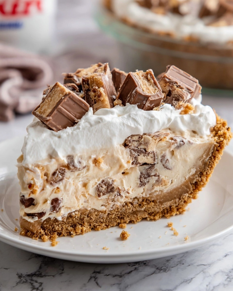 A slice of pie sits on a white plate. The bottom layer is a crumbly light brown crust. Above that is a thick, creamy beige filling with small dark chocolate pieces mixed throughout. On top of the filling is a thick layer of white whipped cream, which is decorated with chunks of Snickers candy bars showing their caramel, nougat, and peanut layers inside a chocolate coating. The background shows a white marbled texture with a blurred whole pie and a Snickers wrapper. photo taken with an iphone --ar 4:5 --v 7