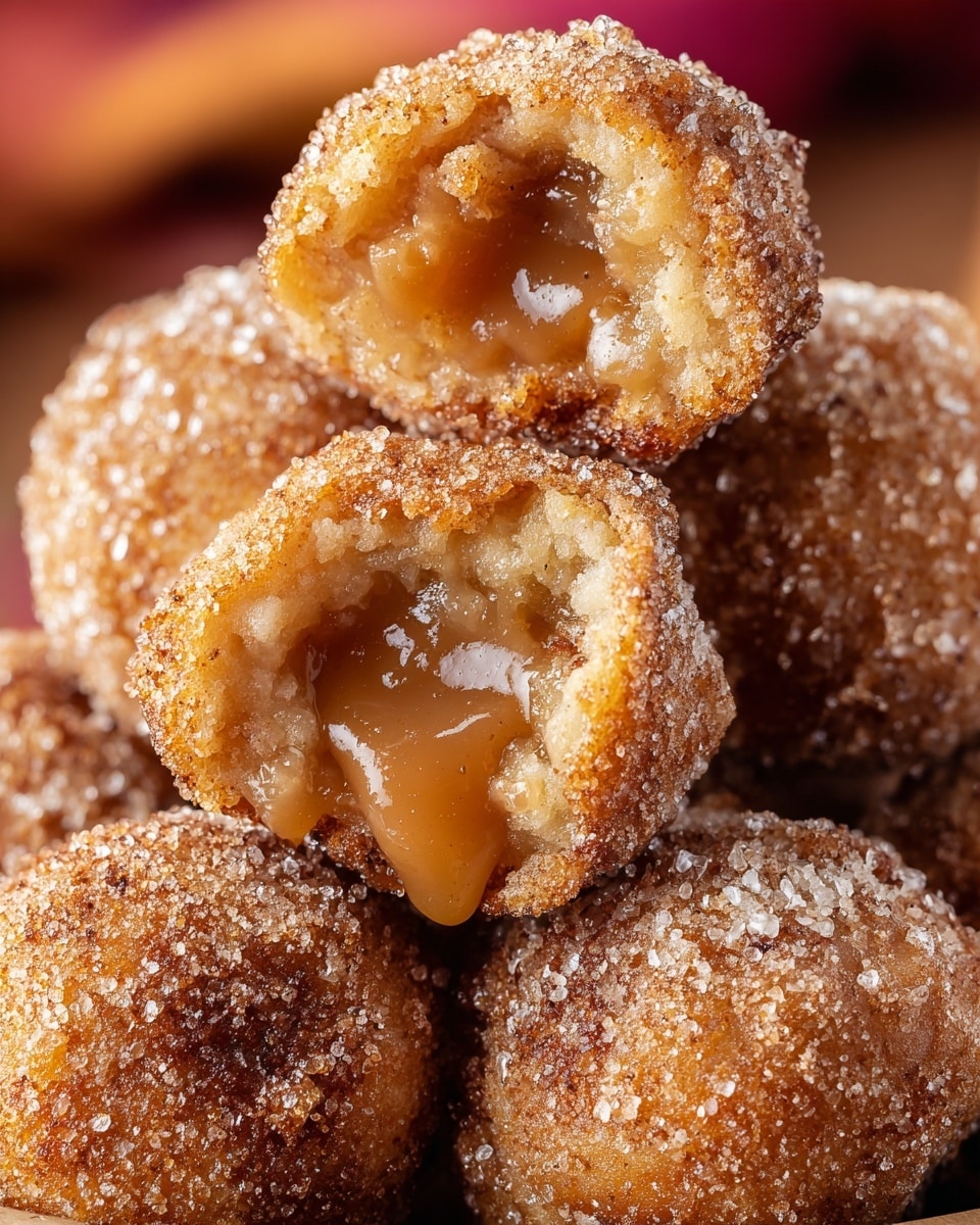 A close-up of several small round fried dough balls coated in a layer of granulated sugar and light cinnamon powder, stacked together in a pile. One dough ball is bitten open, showing a gooey caramel-colored filling inside that looks shiny and thick. The fried balls have a rough, slightly cracked golden-brown surface texture with visible sugar crystals. The background is softly blurred with warm tones, and the image is focused on the dough balls' detailed texture and filling. photo taken with an iphone --ar 4:5 --v 7
