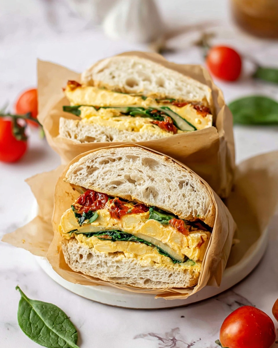 The image shows a sandwich cut in half placed on a white plate, each half wrapped in brown parchment paper. The sandwich has three layers: the top and bottom are thick slices of airy, light beige bread with a porous texture. The middle layer consists of a yellow and green egg mixture with spinach leaves visible throughout, topped by some red tomato sauce or roasted tomato. The sandwich halves are positioned upright with the fillings clearly visible. The white marbled surface around the plate has scattered cherry tomatoes and spinach leaves, adding color contrast. Photo taken with an iphone --ar 4:5 --v 7