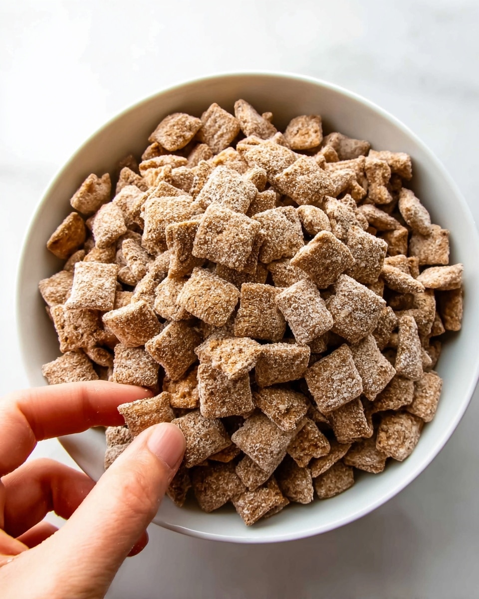 A white bowl is filled with many small square-shaped cereal pieces covered in a light brown powder, giving them a rough texture. The cereal squares vary slightly in shape and are piled high, almost overflowing the bowl. In the lower left corner, a woman's hand is gently picking up one square piece, showing the size and texture clearly. The background is a white marbled surface, keeping the focus on the bowl and cereal. photo taken with an iphone --ar 4:5 --v 7