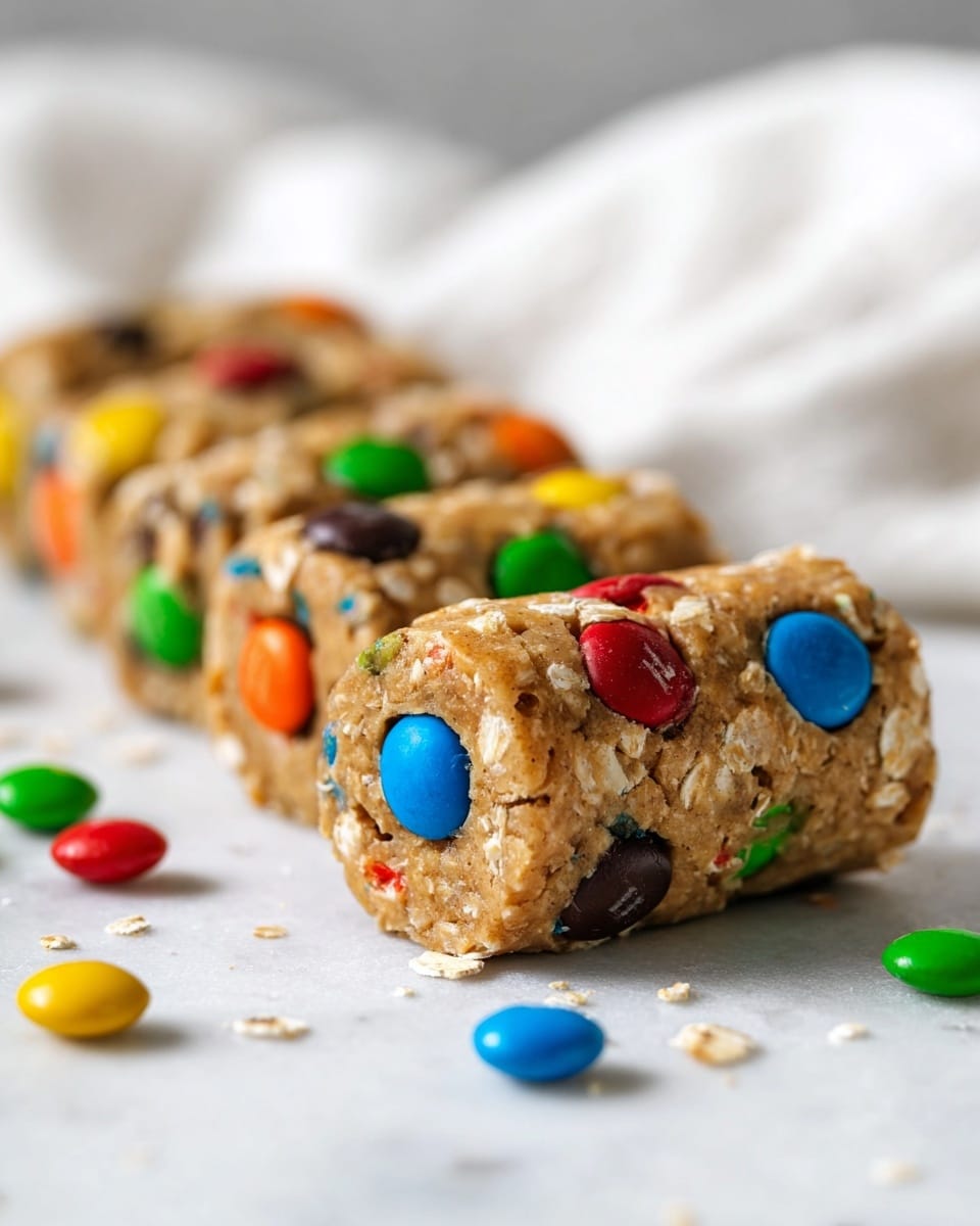 The image shows three rows of cylindrical cookies on a white marbled surface, each cookie made from a light brown dough mixed with small bits of oatmeal and colorful candy-coated chocolates including red, blue, green, yellow, orange, and brown, evenly spread across the surface of each cookie. The cookies have a rough, slightly textured look from the oats, with the colorful candies embedded throughout, giving the dough a lively appearance. A few loose candy pieces are scattered around the cookies on the surface. A white cloth is softly blurred in the foreground and background, adding depth to the image. photo taken with an iphone --ar 4:5 --v 7