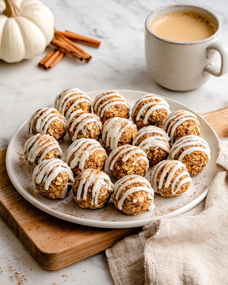 A white plate filled with about fifteen round energy balls arranged closely together, each ball having a rough texture with visible oats and a warm brown color. Every ball is partly coated and drizzled with a smooth, creamy white layer on top, sprinkled lightly with cinnamon powder. The plate sits on a wooden board, and the background shows a white marbled surface with scattered oat flakes. To the right of the plate, there is a white cup with a brown sleeve, filled with a frothy coffee drink. A white pumpkin and two cinnamon sticks are placed in the background. photo taken with an iphone --ar 4:5 --v 7
