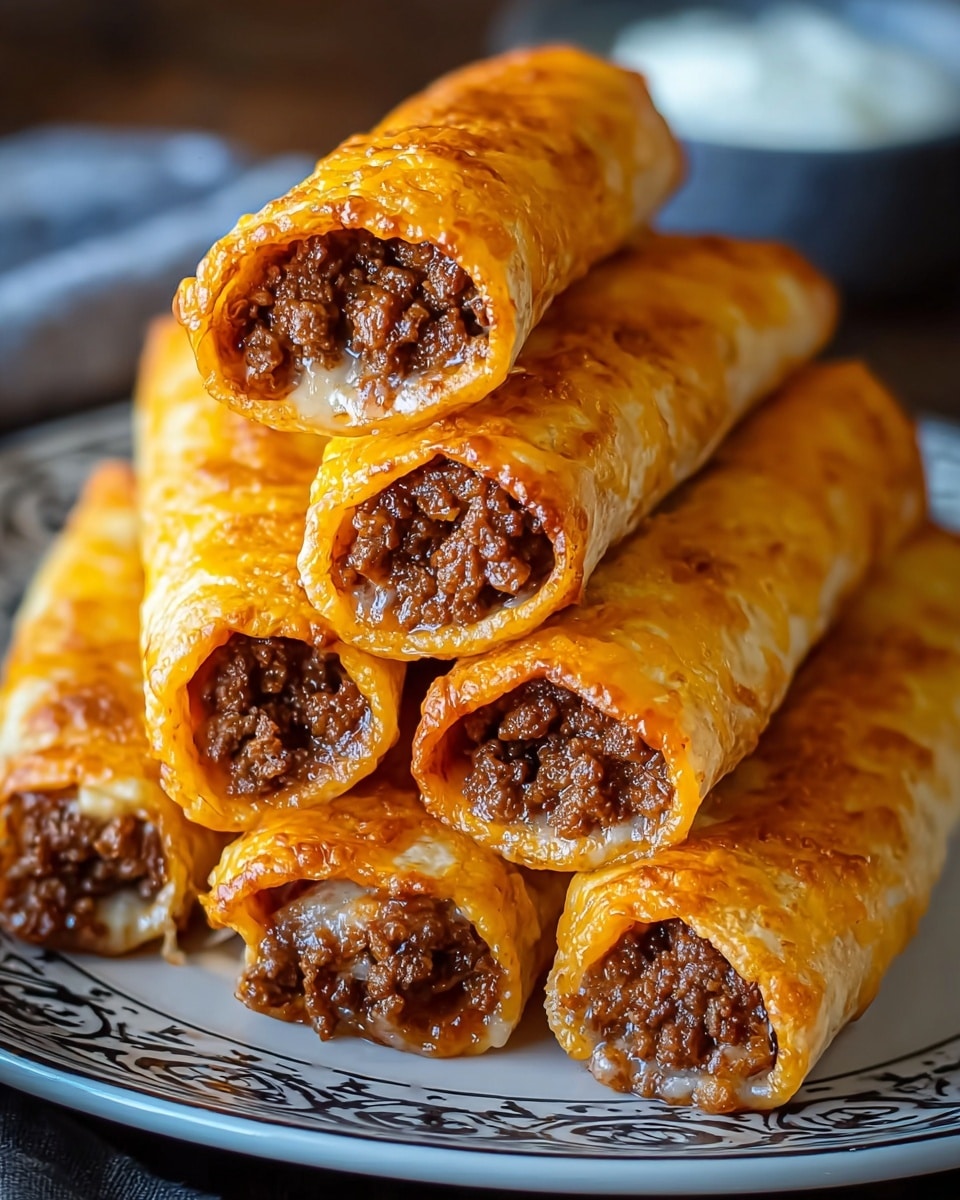 Five rolled enchiladas sit closely packed on a white plate with a dark decorative pattern. Each enchilada shows two main visible layers: the outer tortilla cover, which is golden brown and slightly crispy with melted, glossy cheese bubbling on top, and the inside filling of finely ground cooked meat that is dark brown and juicy, peeking out at the open ends. The cheesy layer has a smooth, creamy texture with some browned spots, while the meat layer looks crumbly and rich. The plate rests on a white marbled surface, enhancing the warm colors of the dish. photo taken with an iphone --ar 4:5 --v 7