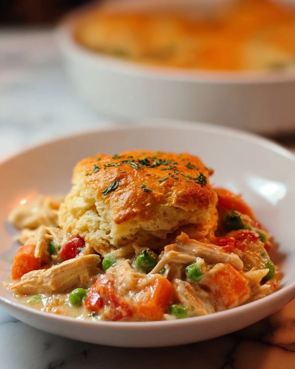 A white bowl holds a dish with two main layers: the bottom layer is a creamy mix of shredded chicken, bright orange carrot cubes, green peas, and red bell pepper pieces in a thick sauce. On top, there is a golden-brown biscuit with a soft, crumbly texture and a slightly shiny, baked surface sprinkled with small green herb bits. The background shows a blurred white bowl and the whole scene is set on a white marbled surface. Photo taken with an iphone --ar 4:5 --v 7