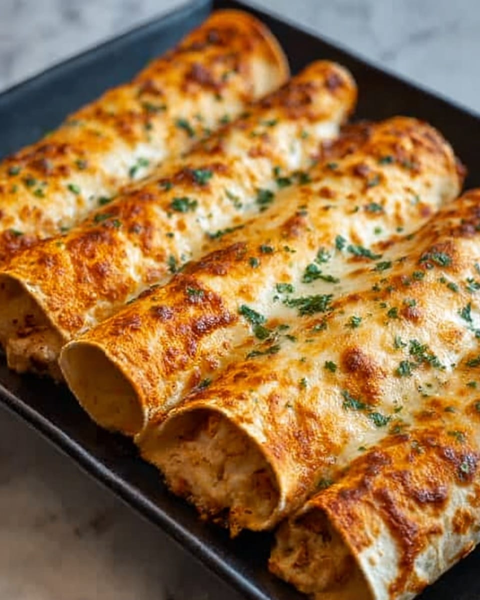 The image shows four rolled enchiladas placed side by side on a black rectangular tray. Each enchilada has a golden-brown, slightly crispy outer layer with melted cheese on top that is browned in spots. Small green herb pieces are sprinkled evenly over the cheese, adding a touch of color. The tray sits on a white marbled surface, creating a clean, bright background. The photo has a close-up focus, showing the texture of the cheese and the slight crispiness of the tortilla edges. photo taken with an iphone --ar 4:5 --v 7
