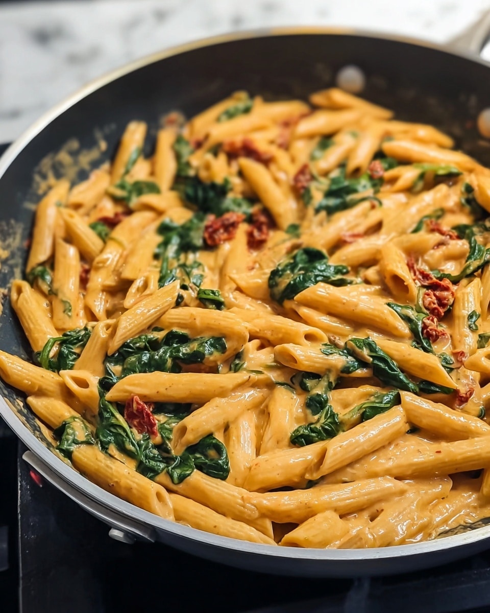 A close-up view of a pan filled with creamy penne pasta mixed with wilted dark green spinach leaves and small pieces of bright red sun-dried tomatoes spread throughout the dish. The pasta is coated in a thick, smooth, light orange sauce that gives a shiny texture to each penne piece. The pan itself has a dark non-stick inside surface with a silver-colored rim and sits on a black stove top, all against a white marbled texture background. photo taken with an iphone --ar 4:5 --v 7