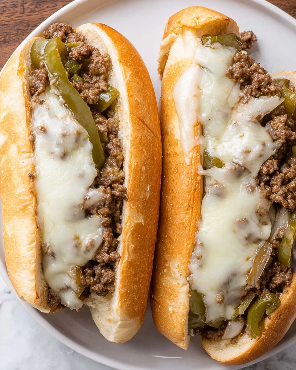 Two cheesesteak sandwiches sit side by side on a white plate placed on a white marbled texture. Each sandwich has three layers inside a soft, golden toasted hoagie roll: a bottom layer of light brown cooked ground beef mixed with small pieces of sautéed diced green bell peppers and onions, a middle layer of glossy melted white cheese spread evenly over the meat and vegetables, and the top layer is the hoagie roll gently folded over. The sandwiches look warm and gooey, with cheese slightly melted down the sides. Photo taken with an iphone --ar 4:5 --v 7